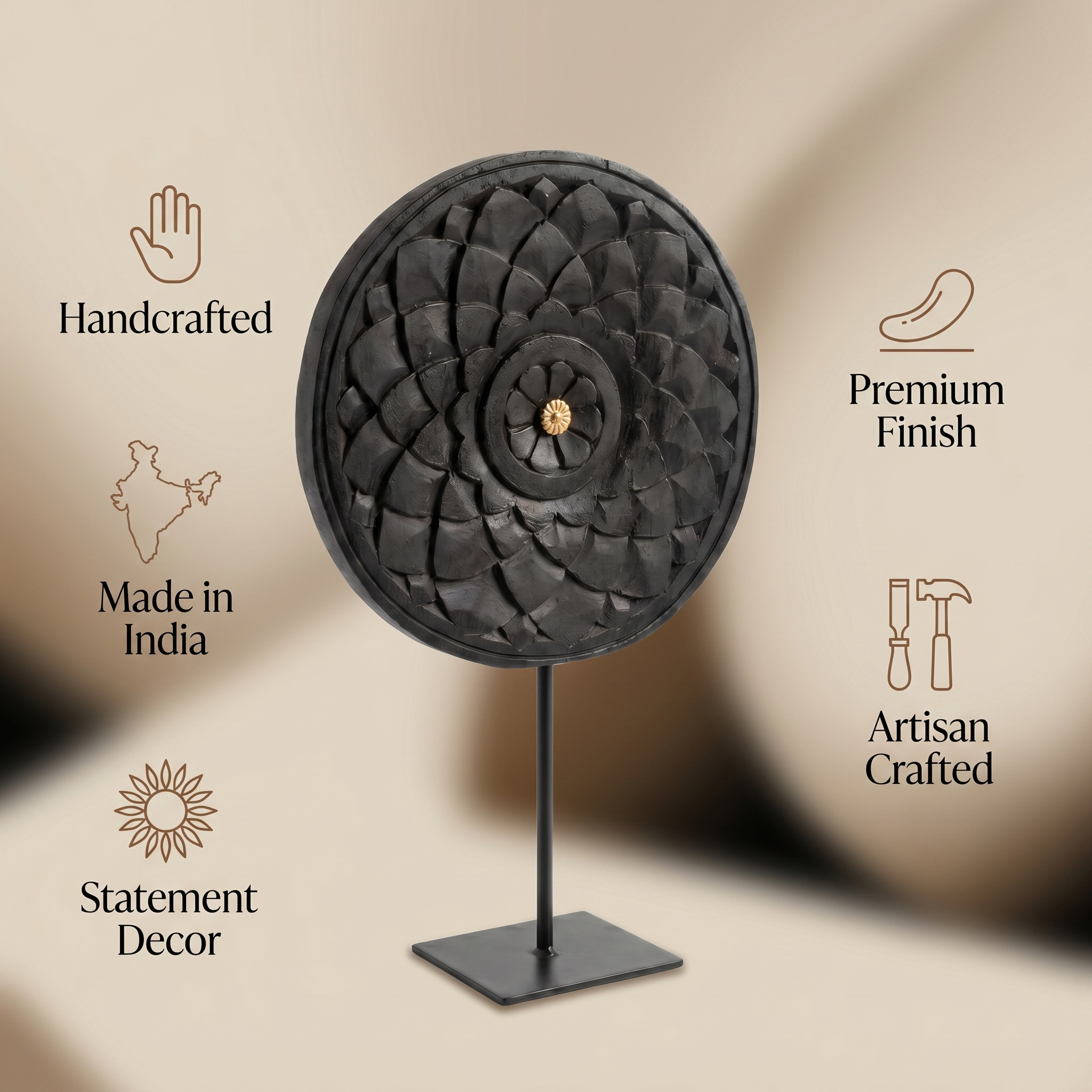 Round Wooden Table Decor | Black - Brass Centre | 15x9x3 Inch