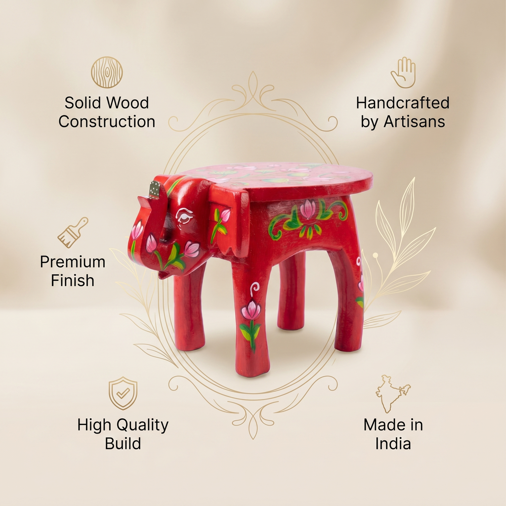 Wooden Elephant Stool | Lotus Red | 24x15x13 cm