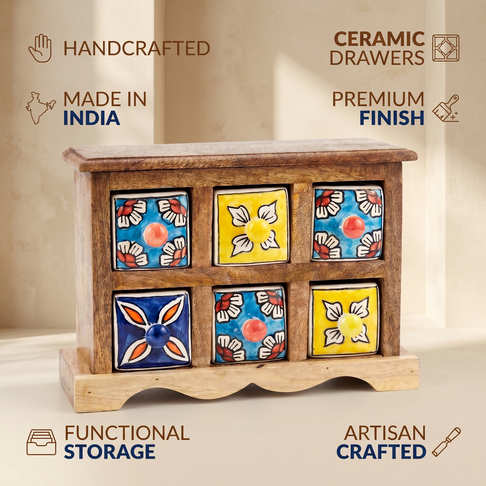 Wooden 6 drawer chest | Ceramic Drawer | 11x4x8 Inch