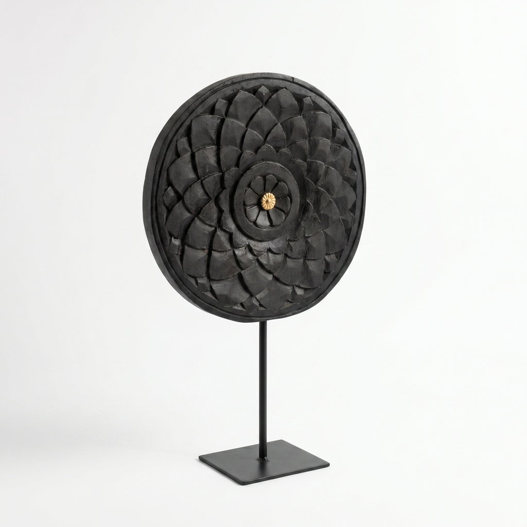 Round Wooden Table Decor | Black - Brass Centre | 15x9x3 Inch
