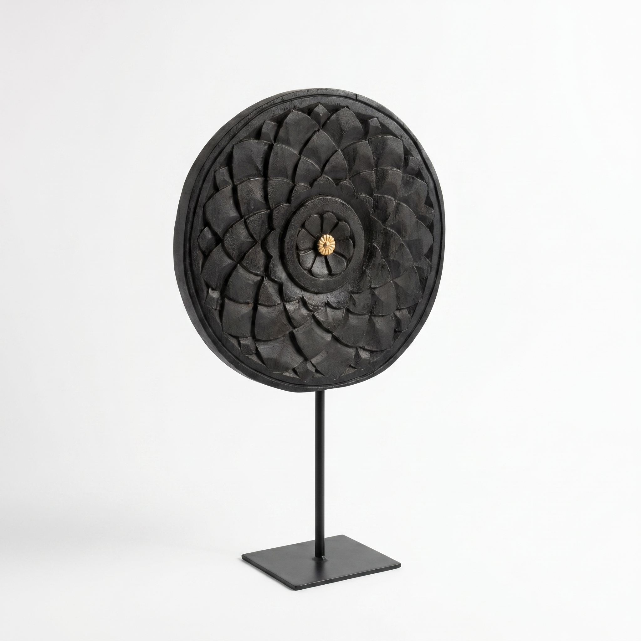 Round Wooden Table Decor | Black - Brass Centre | 15x9x3 Inch