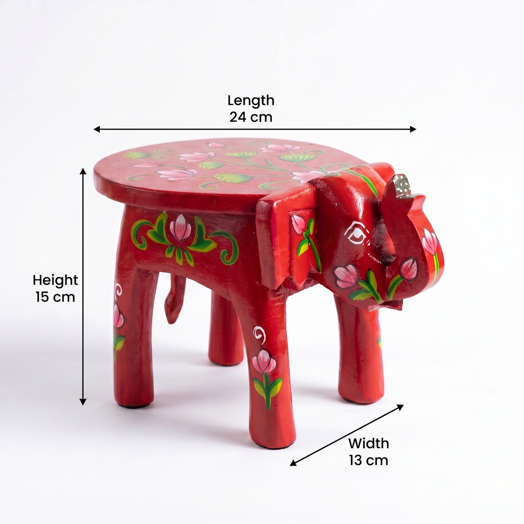 Wooden Elephant Stool | Lotus Red | 24x15x13 cm