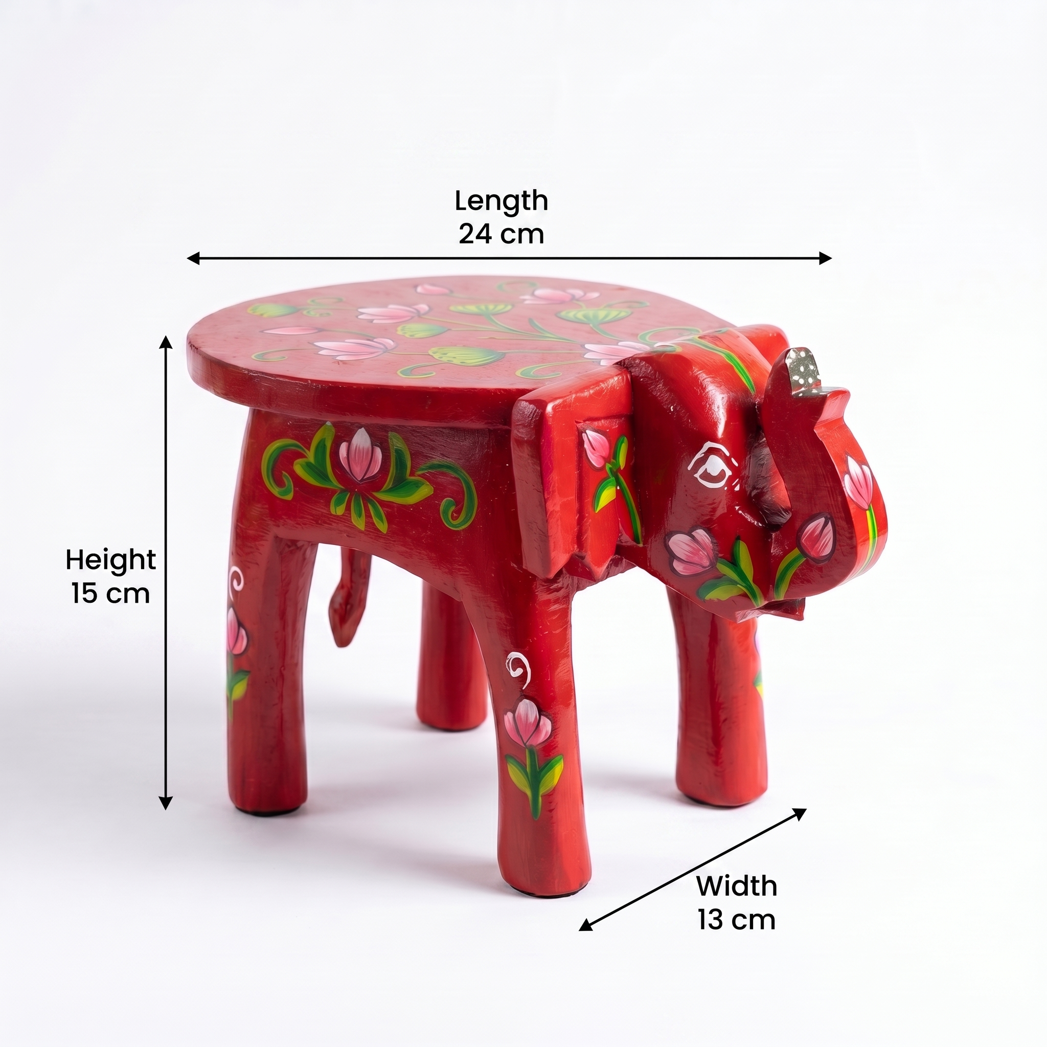 Wooden Elephant Stool | Lotus Red | 24x15x13 cm