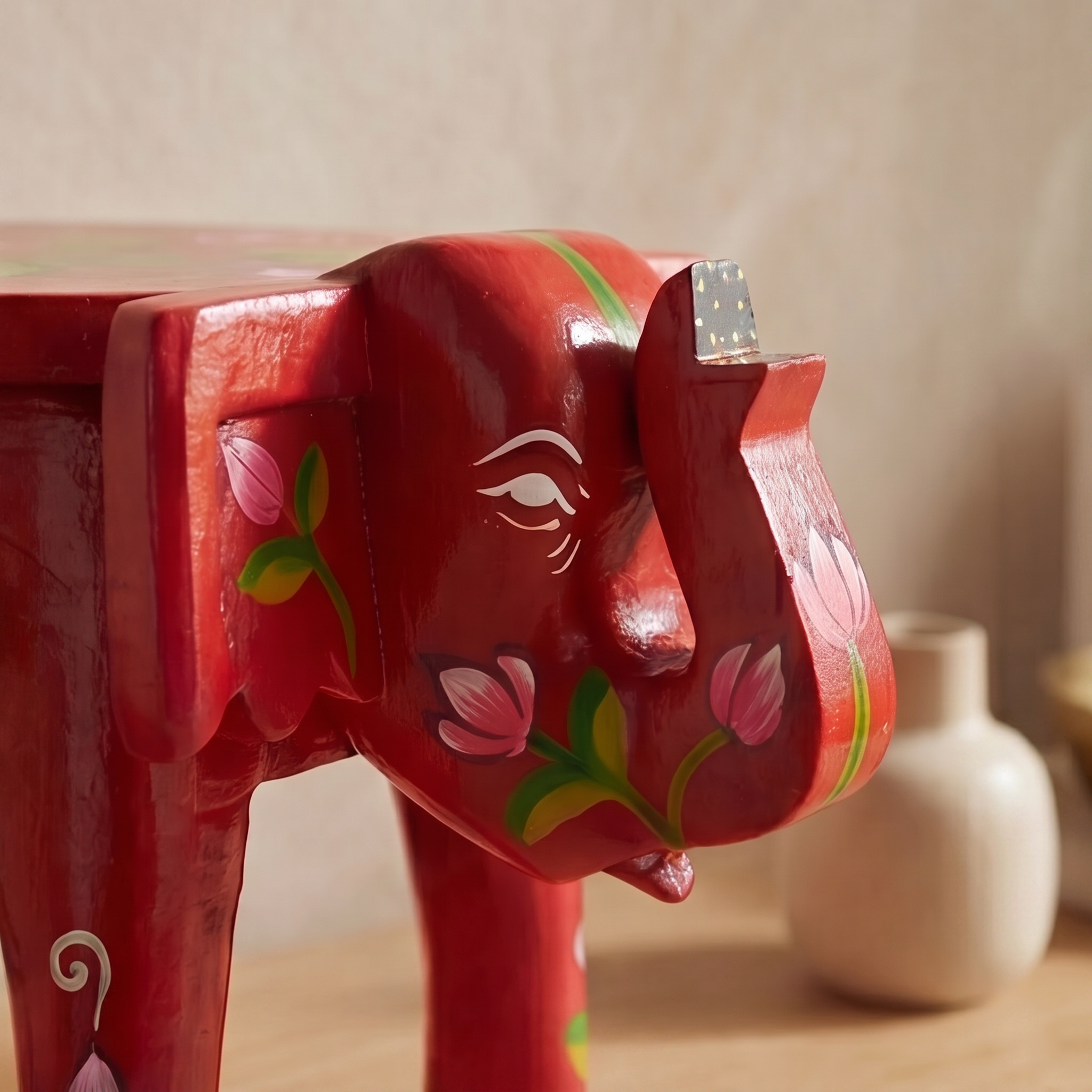Wooden Elephant Stool | Lotus Red | 24x15x13 cm