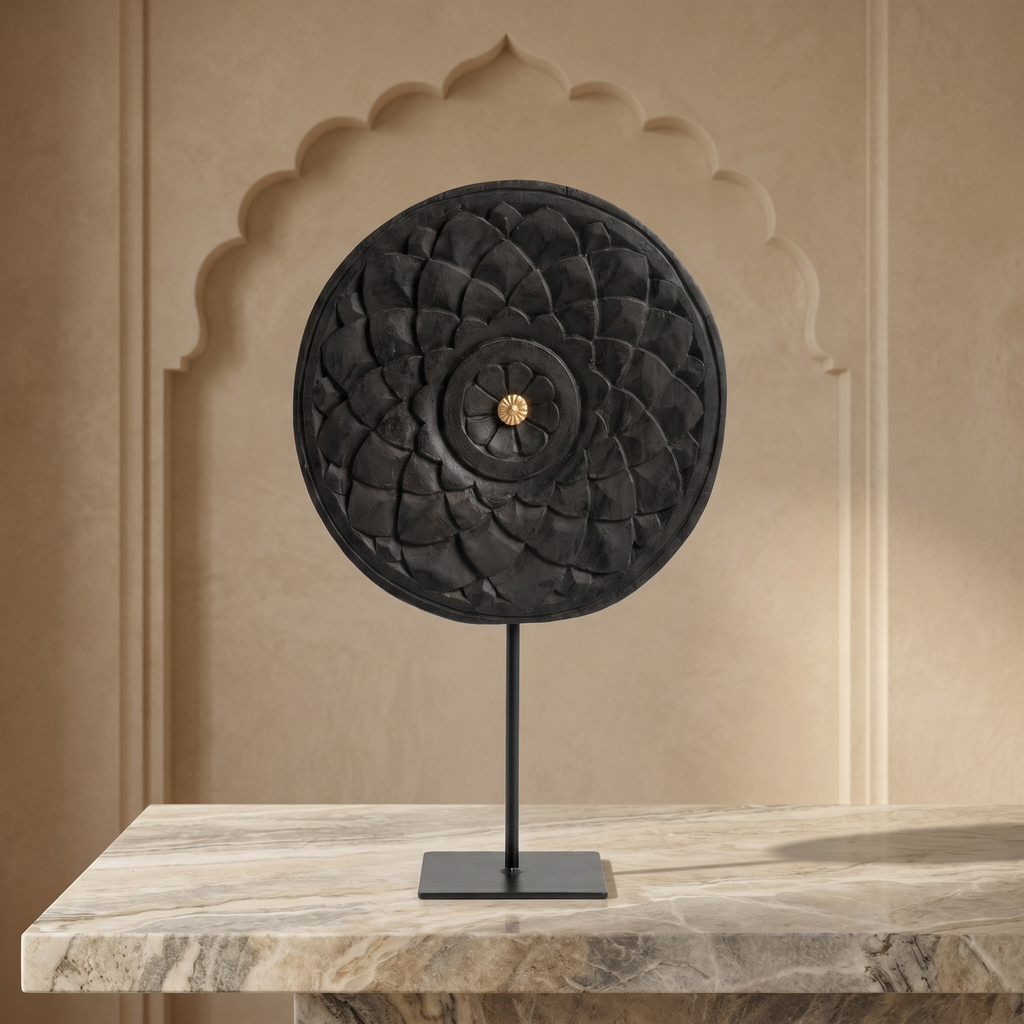 Round Wooden Table Decor | Black - Brass Centre | 15x9x3 Inch