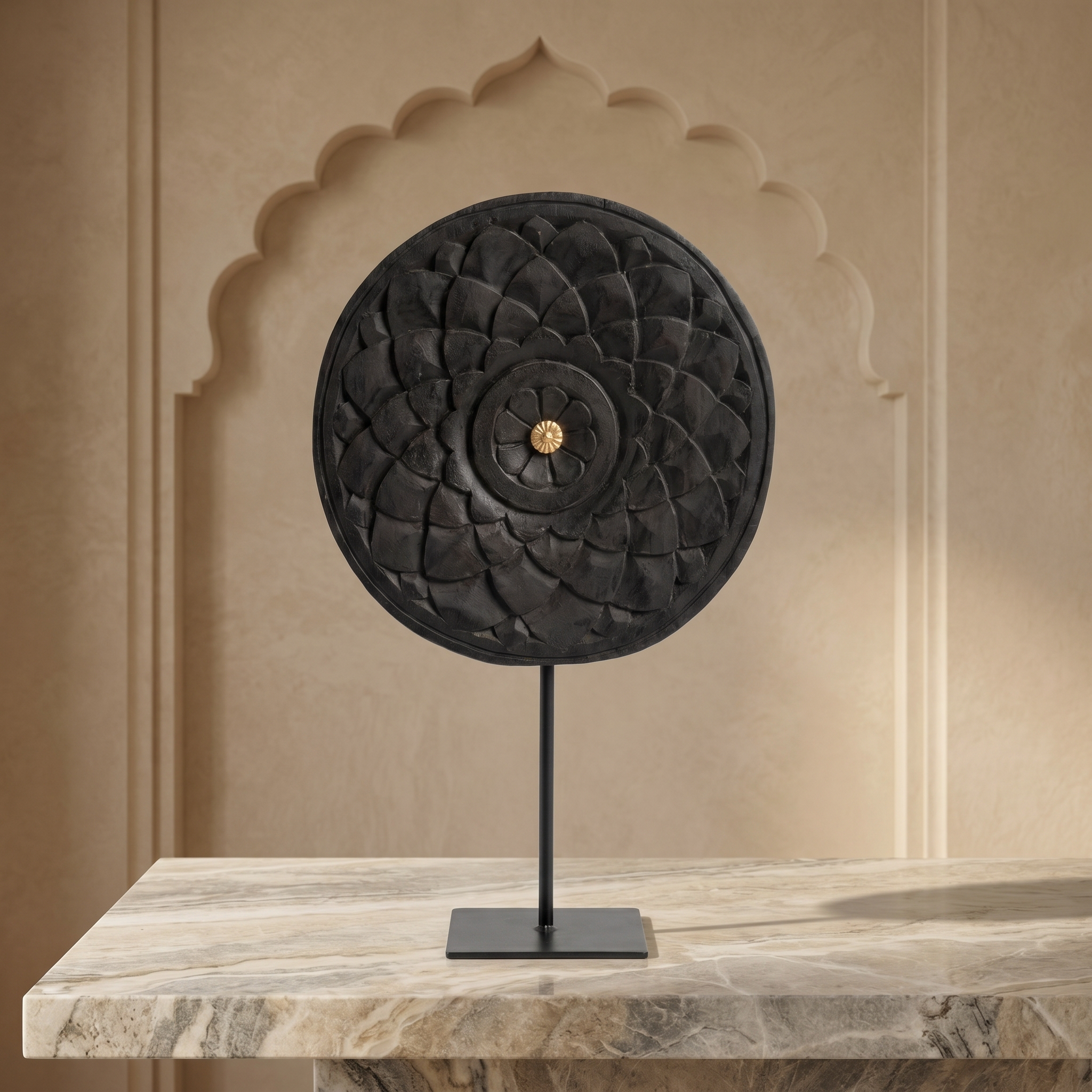 Round Wooden Table Decor | Black - Brass Centre | 15x9x3 Inch
