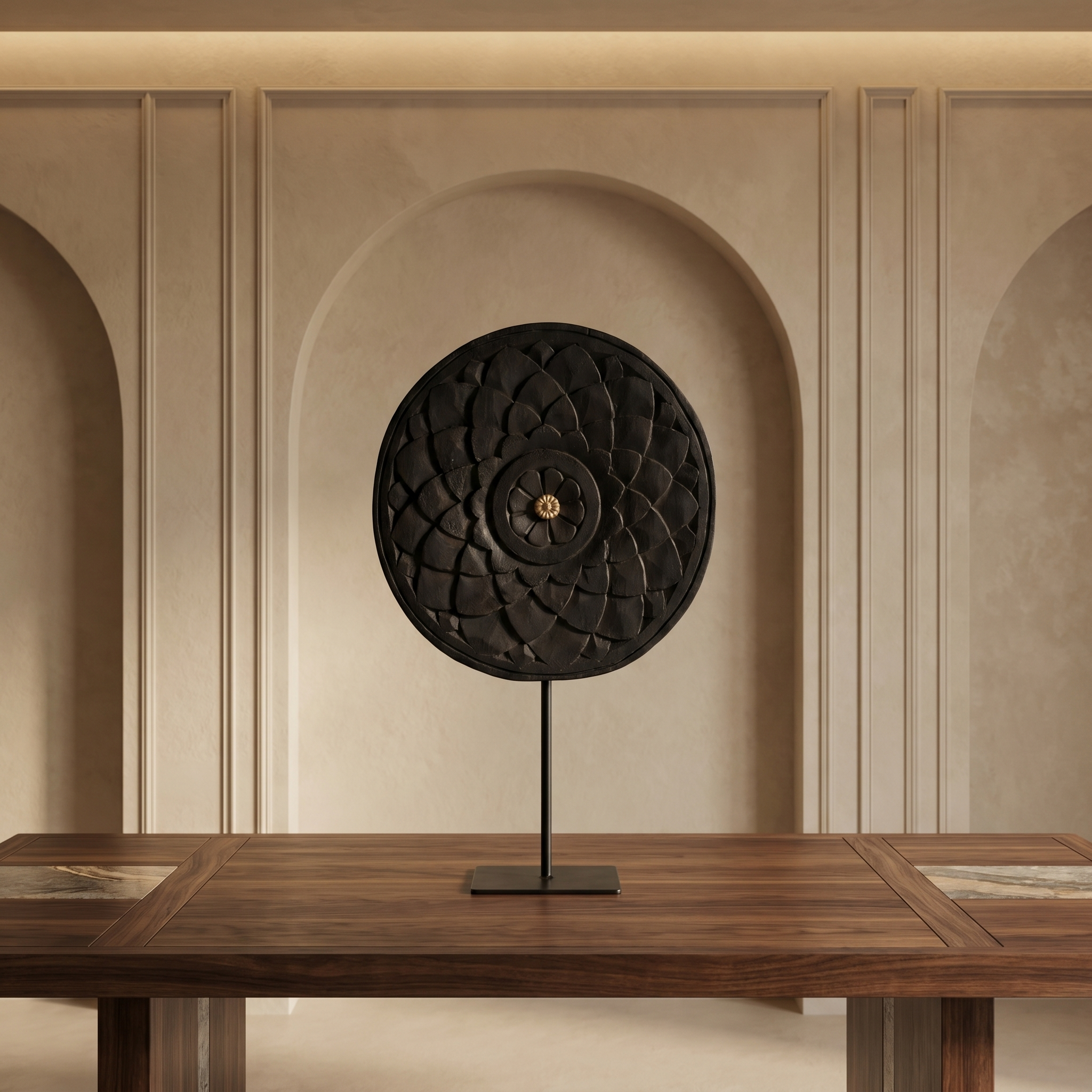 Round Wooden Table Decor | Black - Brass Centre | 15x9x3 Inch