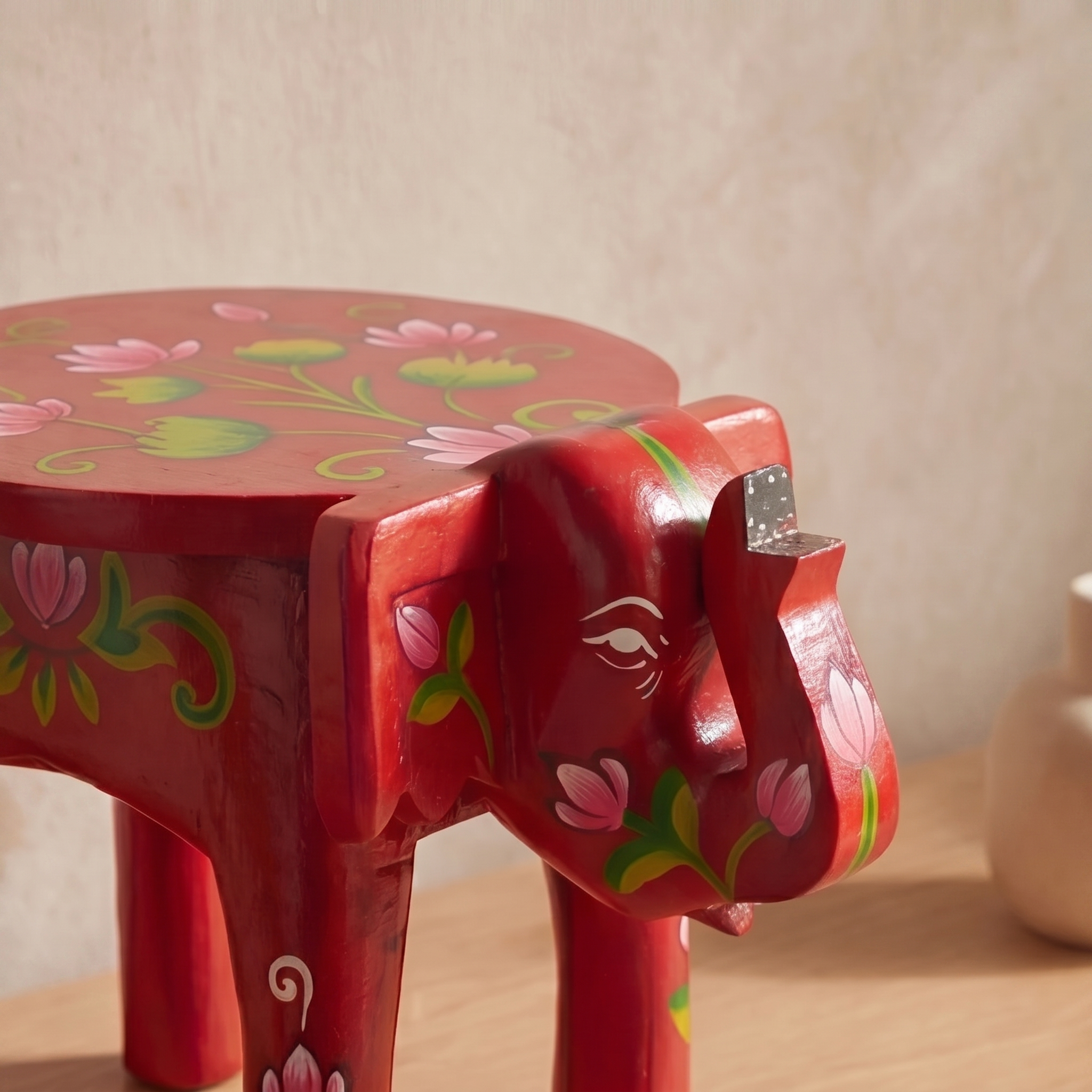 Wooden Elephant Stool | Lotus Red | 24x15x13 cm