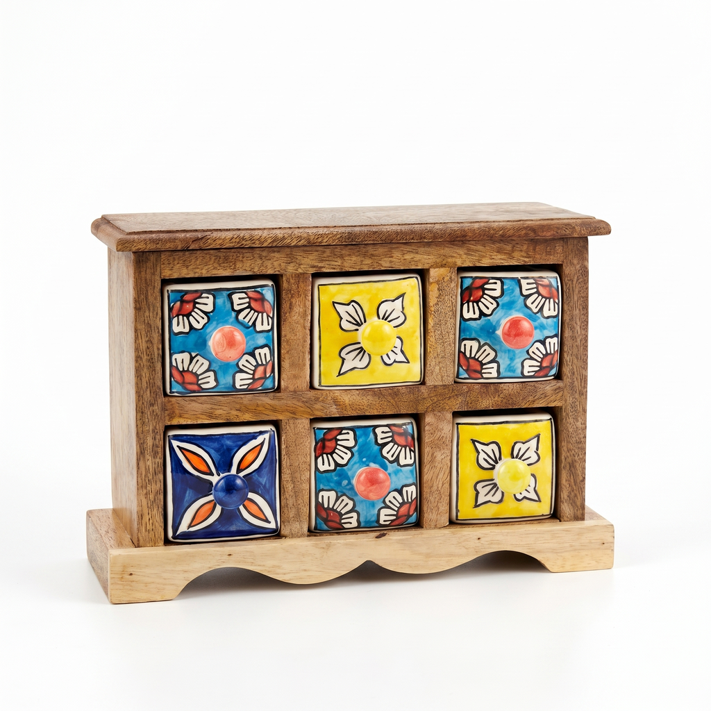 Wooden 6 drawer chest | Ceramic Drawer | 11x4x8 Inch