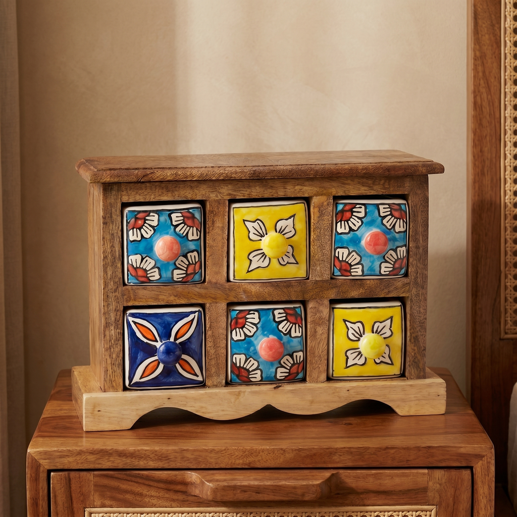 Wooden 6 drawer chest | Ceramic Drawer | 11x4x8 Inch