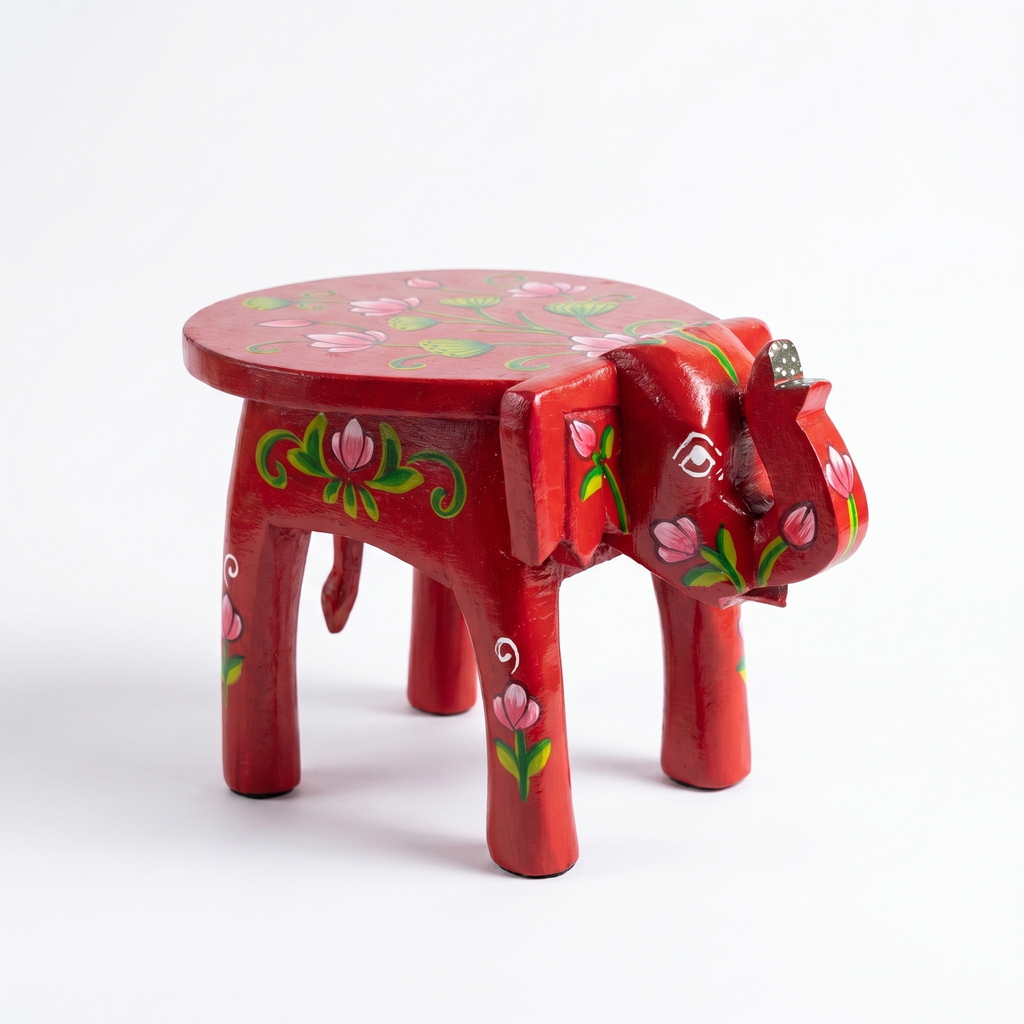 Wooden Elephant Stool | Lotus Red | 24x15x13 cm