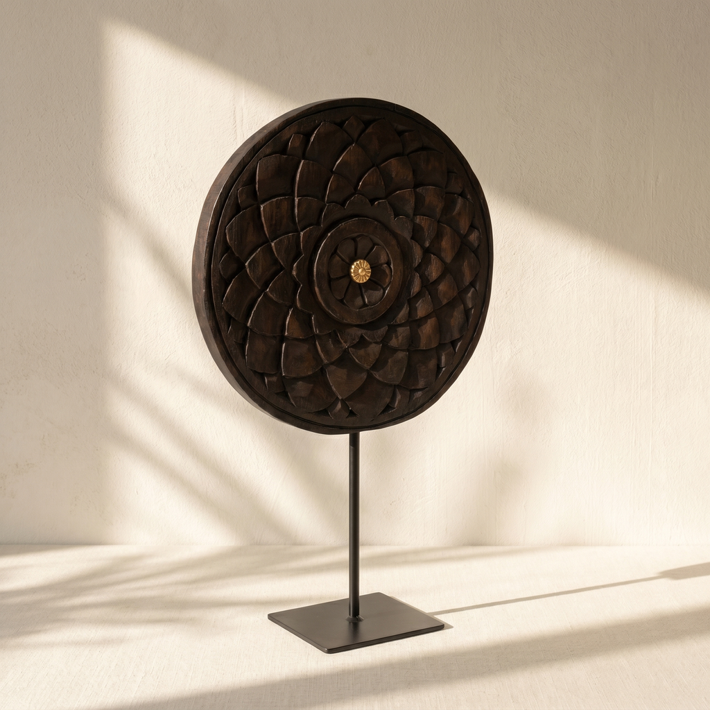 Round Wooden Table Decor | Black - Brass Centre | 15x9x3 Inch