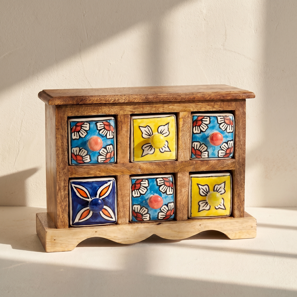 Wooden 6 drawer chest | Ceramic Drawer | 11x4x8 Inch