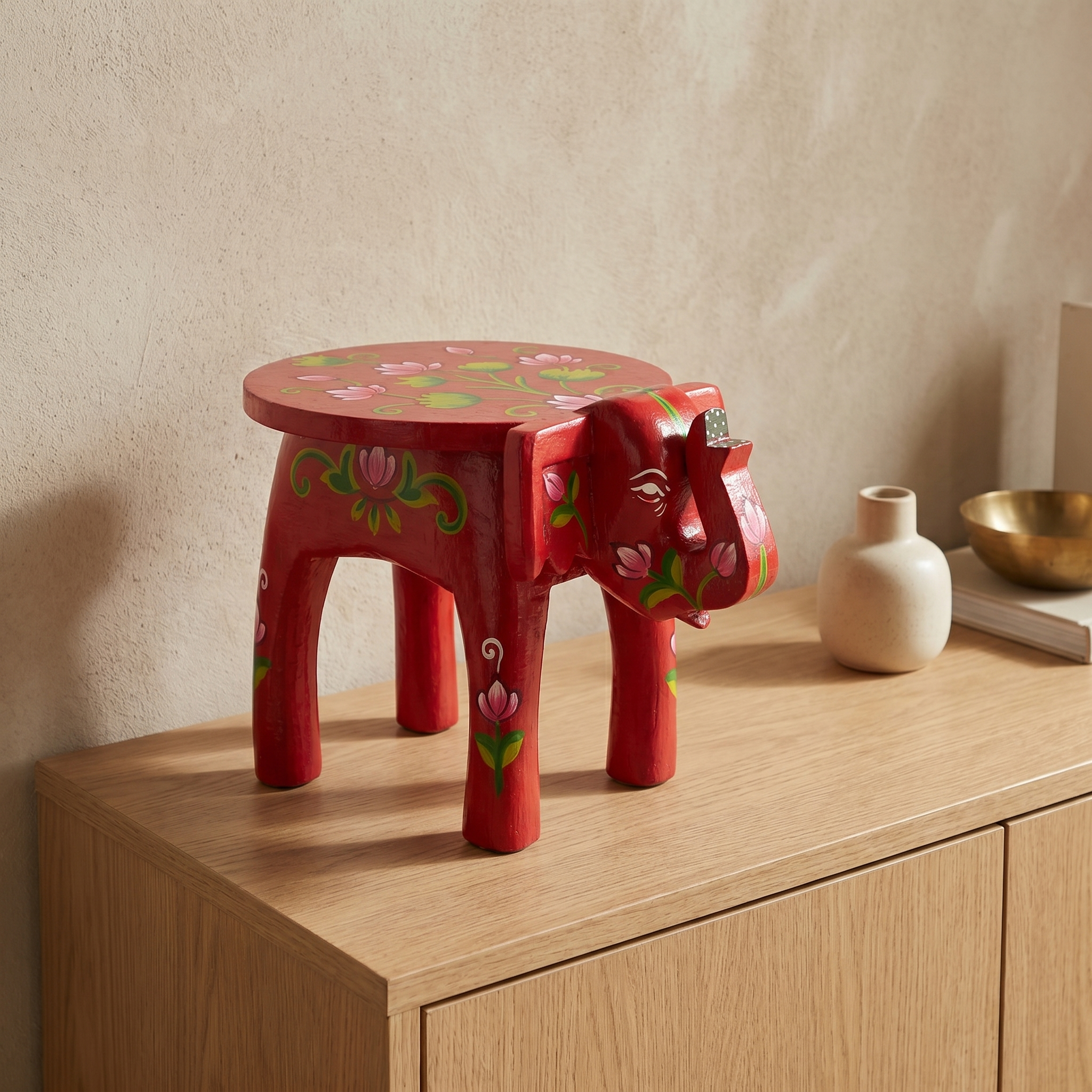 Wooden Elephant Stool | Lotus Red | 24x15x13 cm
