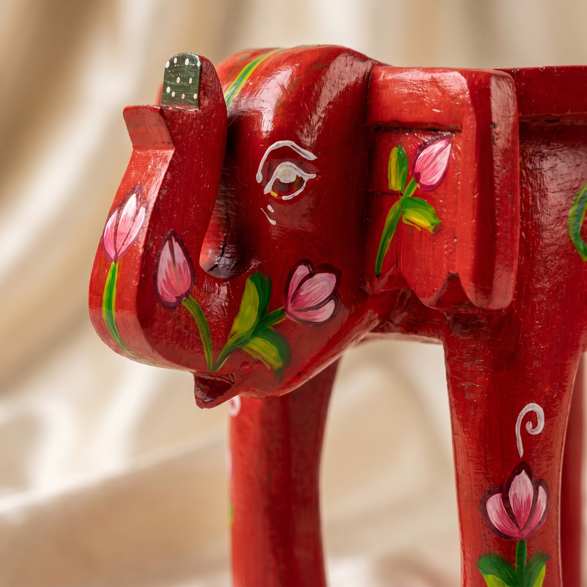 Wooden Elephant Stool | Lotus Red | 24x15x13 cm