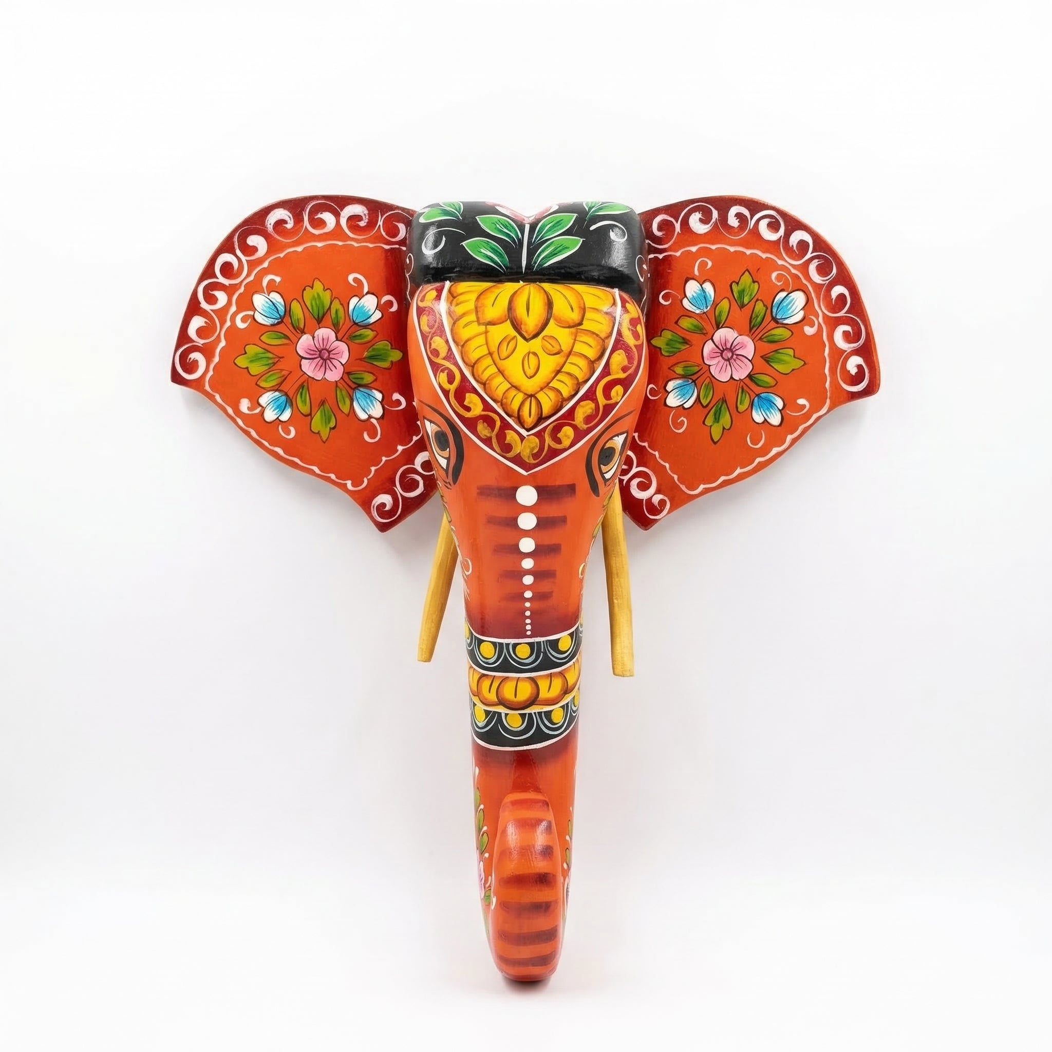 Handpainted Wooden Elephant Decor | Orange | 15x14x4 Inch