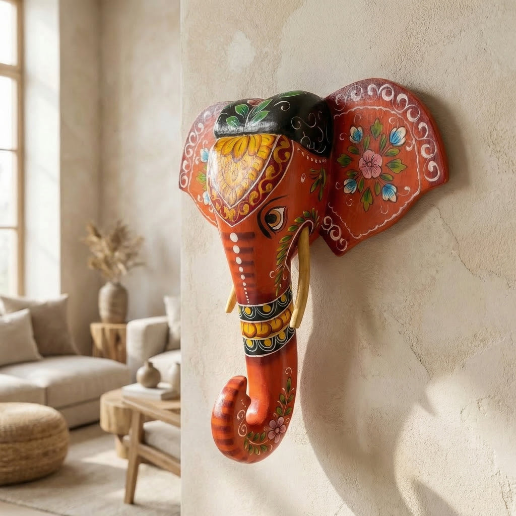 Handpainted Wooden Elephant Decor | Orange | 15x14x4 Inch