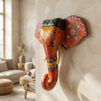 Handpainted Wooden Elephant Decor | Orange | 15x14x4 Inch