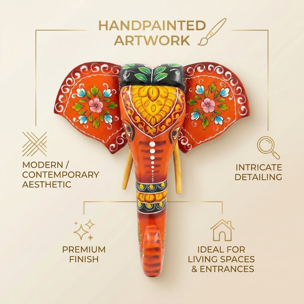 Handpainted Wooden Elephant Decor | Orange | 15x14x4 Inch