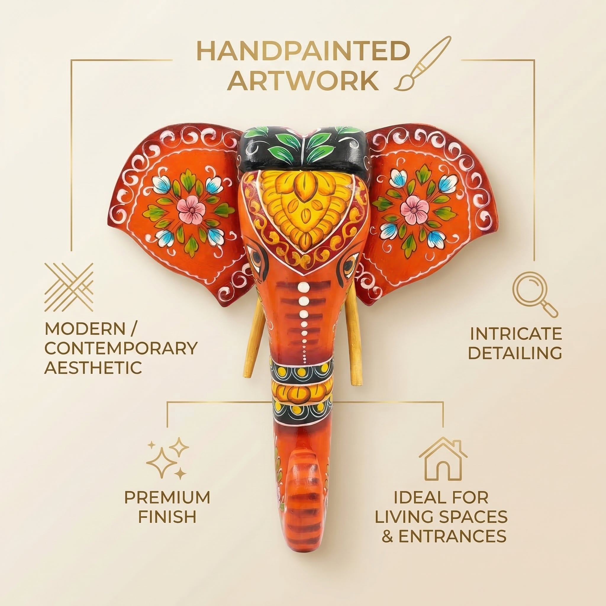 Handpainted Wooden Elephant Decor | Orange | 15x14x4 Inch
