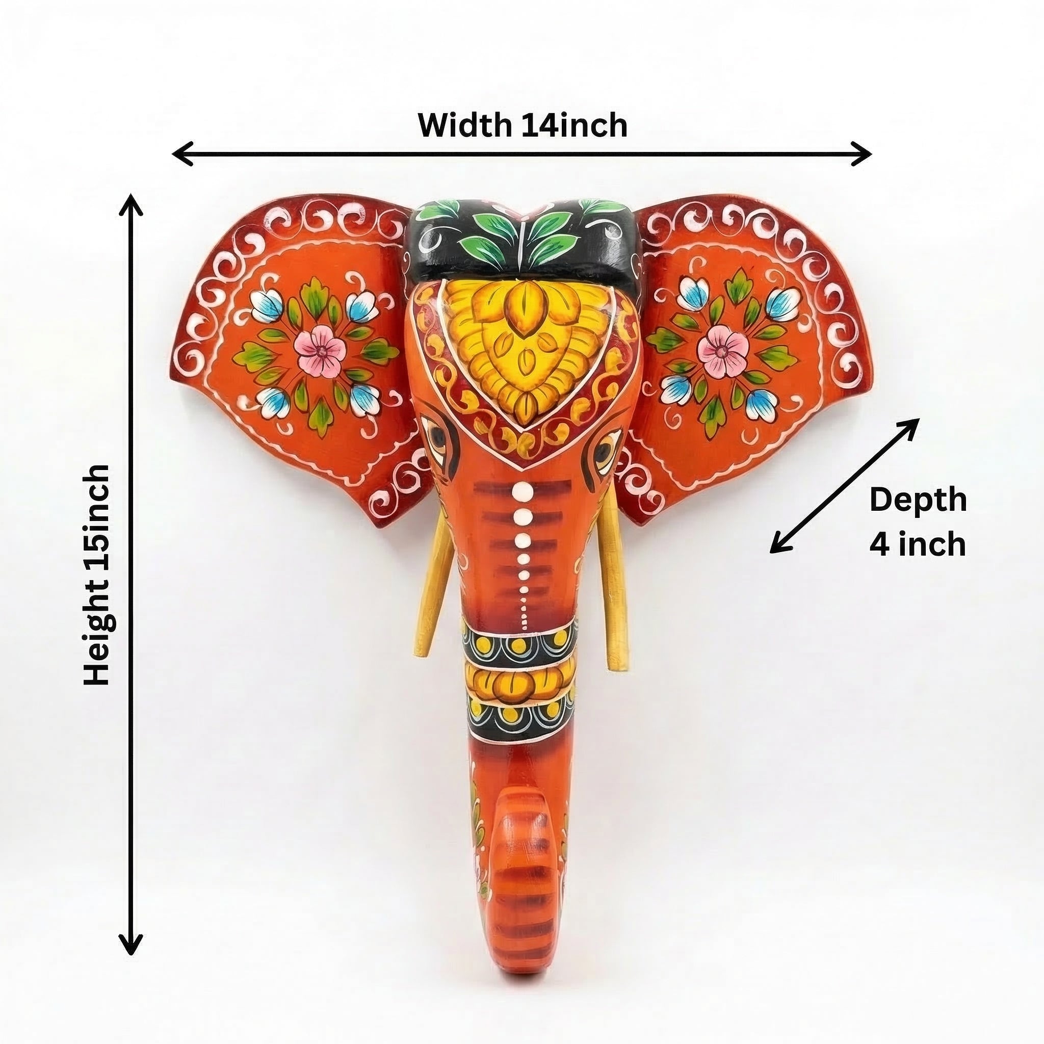 Handpainted Wooden Elephant Decor | Orange | 15x14x4 Inch