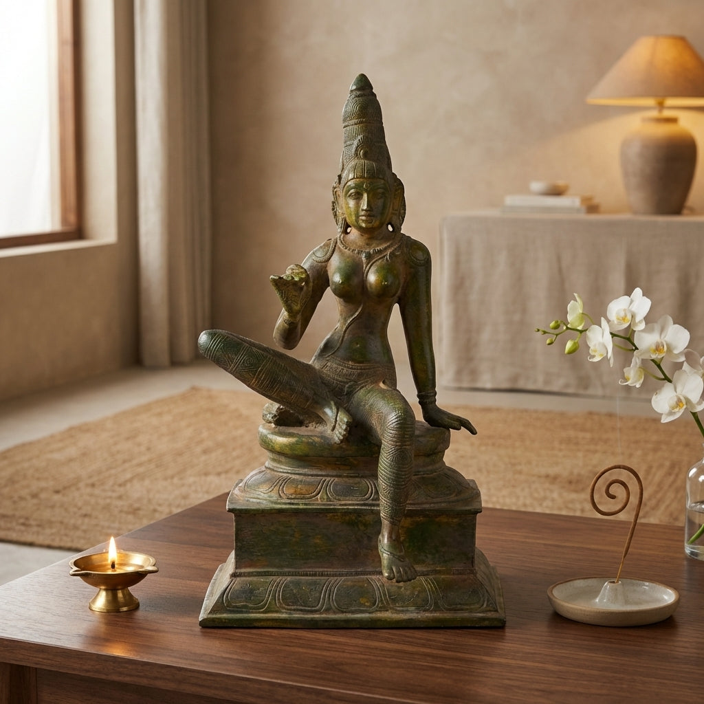 Brass Ma Parvati/Uma  | 12.2x7.5x6.3 Inch | Vintage Green