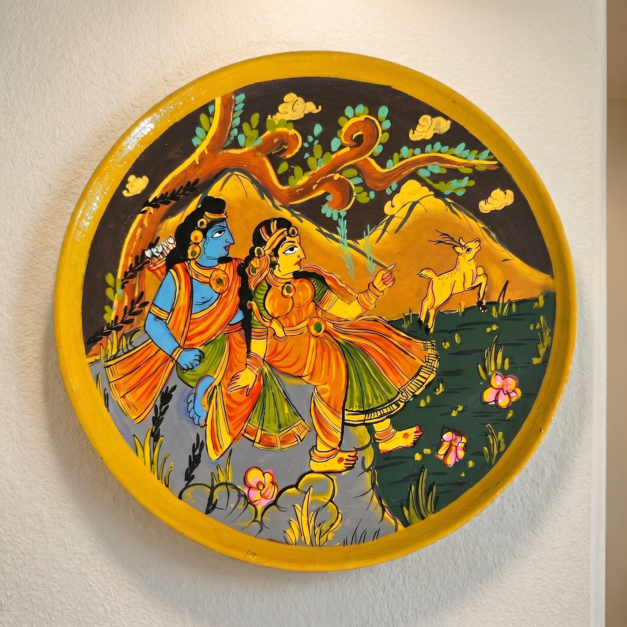 Wooden Ramayana Wall Plate | Ram & Sita ji moutain background | 10 Inches | Handpainted