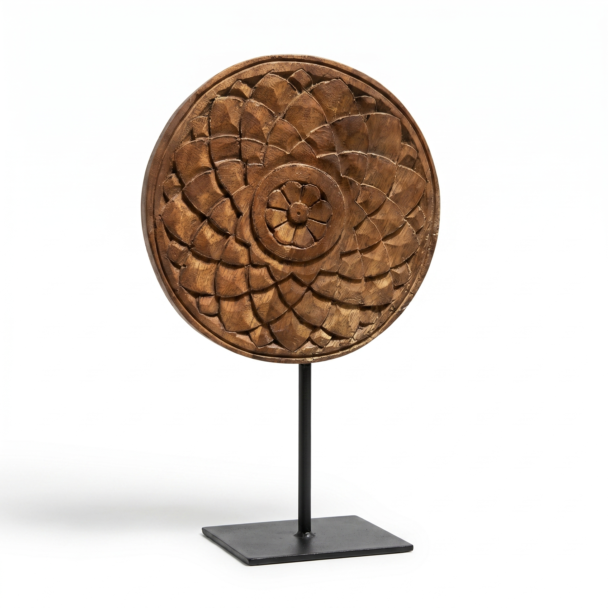 Round Wooden Table Decor | Natural - Iron Stand | 15x9x3 Inch