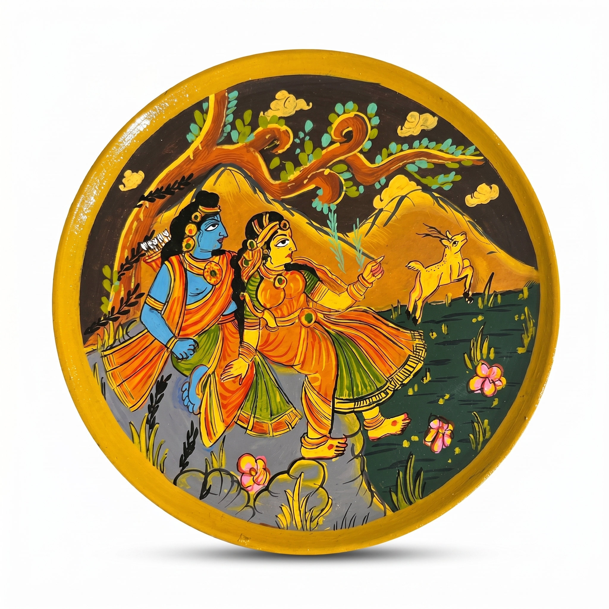 Wooden Ramayana Wall Plate | Ram & Sita ji moutain background | 10 Inches | Handpainted