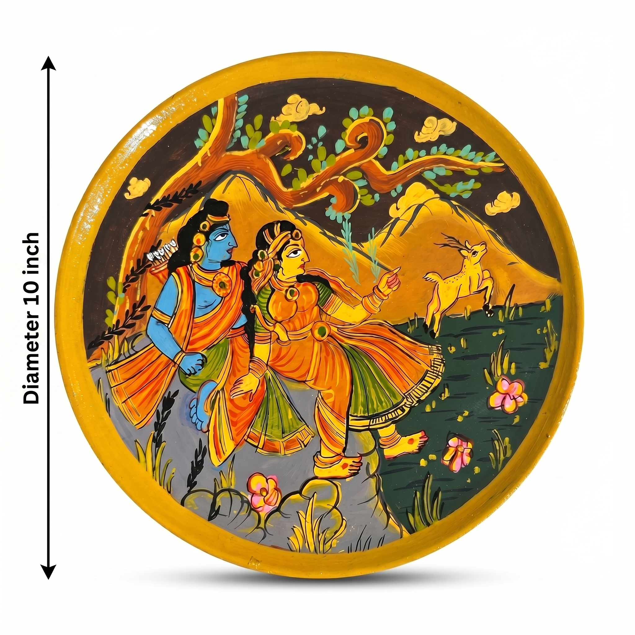 Wooden Ramayana Wall Plate | Ram & Sita ji moutain background | 10 Inches | Handpainted