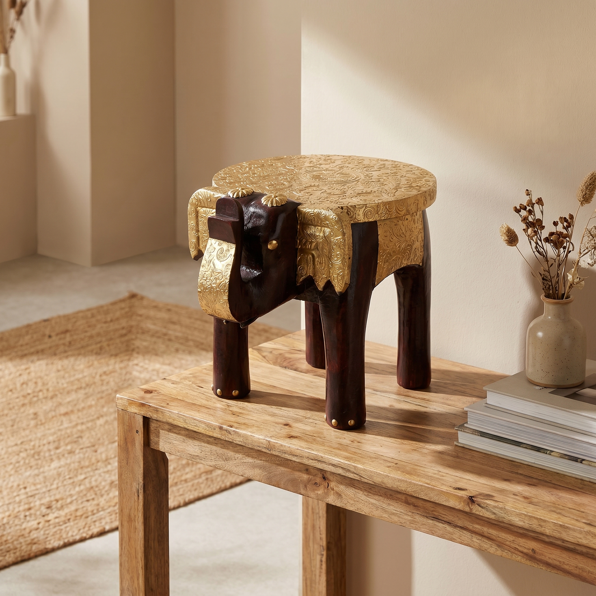 Wooden Elephant Stool | Brass Fitting | 25x16x20 cm