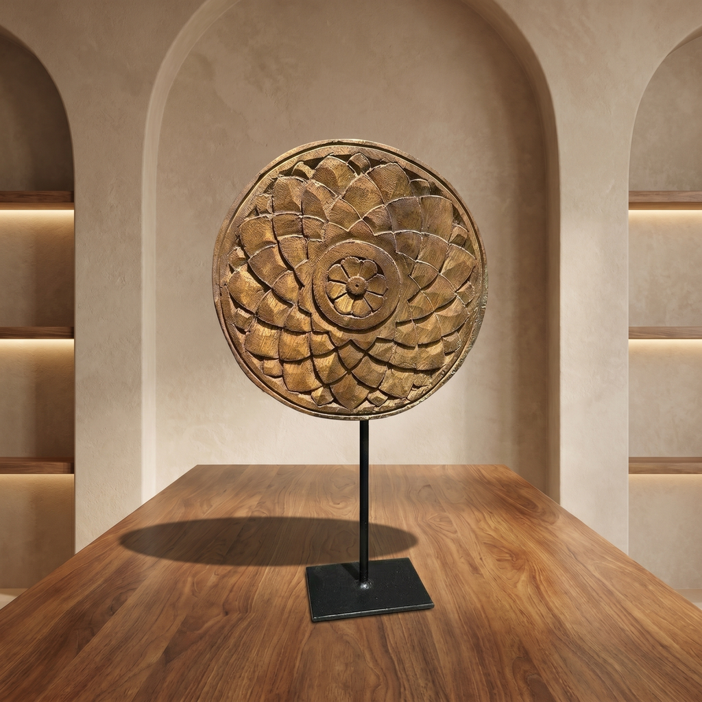 Round Wooden Table Decor | Natural - Iron Stand | 15x9x3 Inch