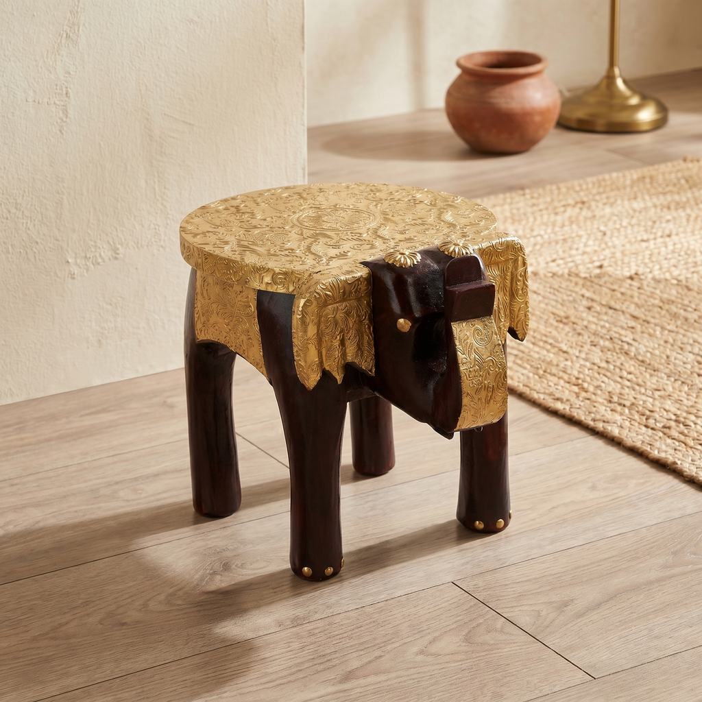 Wooden Elephant Stool | Brass Fitting | 25x16x20 cm