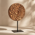 Round Wooden Table Decor | Natural - Iron Stand | 15x9x3 Inch