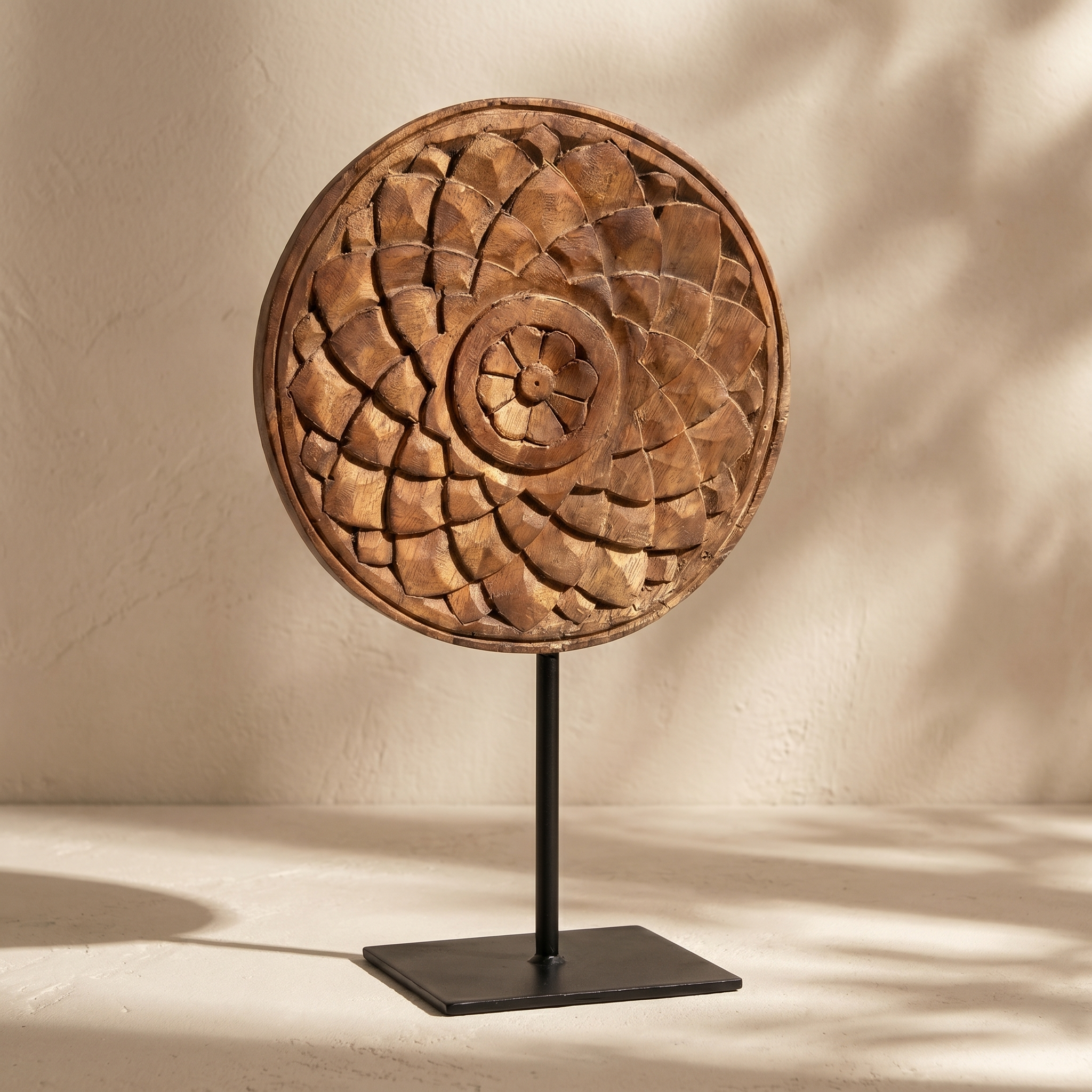 Round Wooden Table Decor | Natural - Iron Stand | 15x9x3 Inch