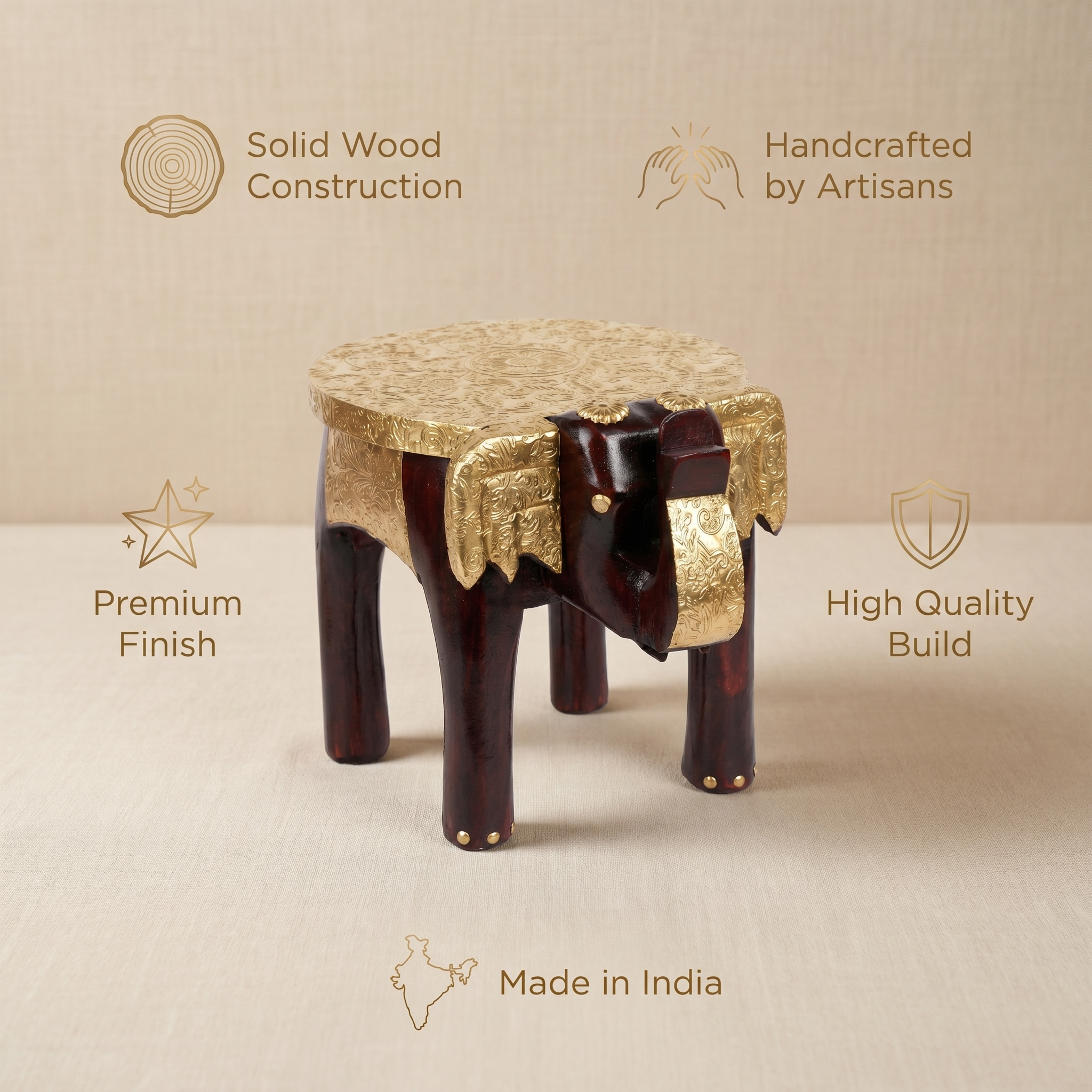 Wooden Elephant Stool | Brass Fitting | 25x16x20 cm