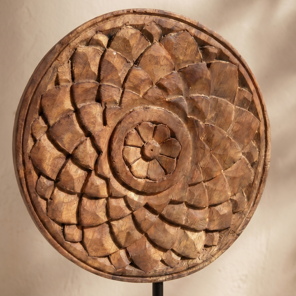 Round Wooden Table Decor | Natural - Iron Stand | 15x9x3 Inch
