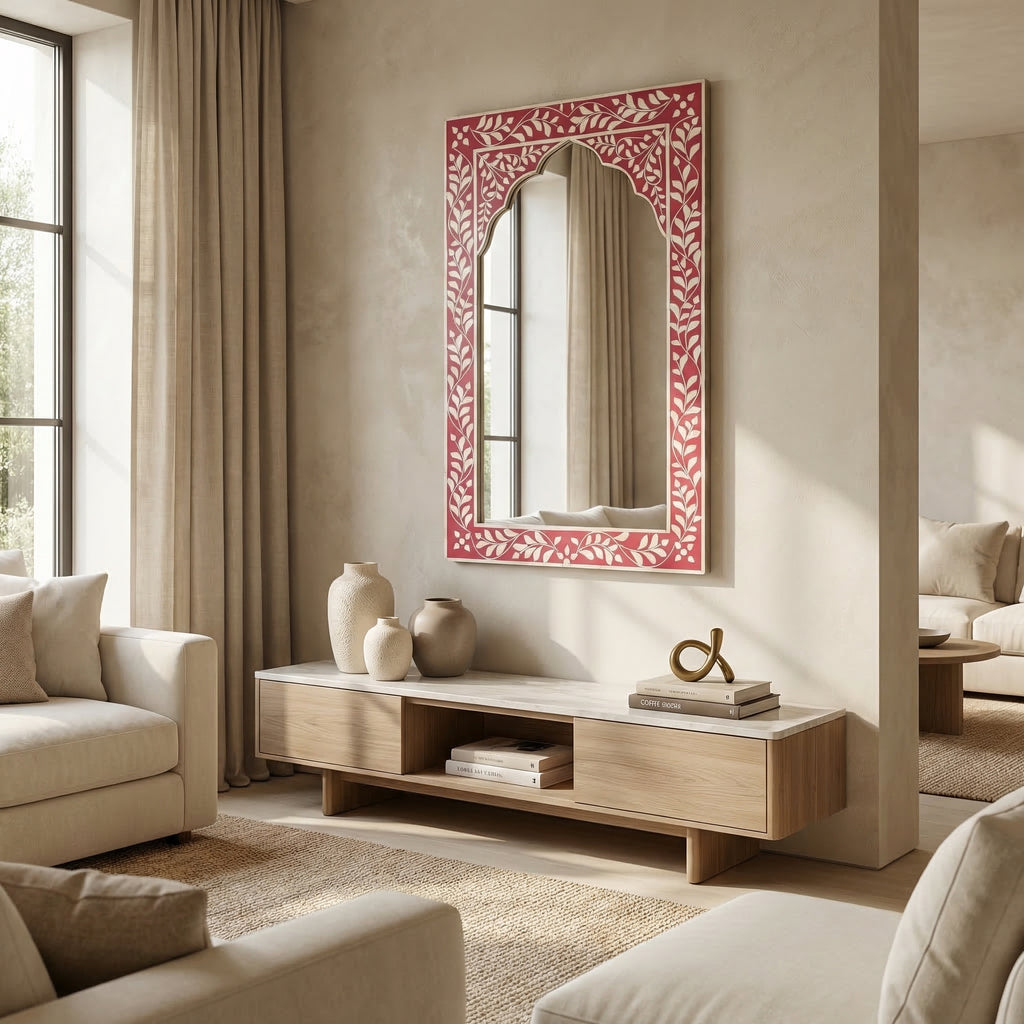 Pink Floral Inlay Mirror | 30x18x1.5 Inches