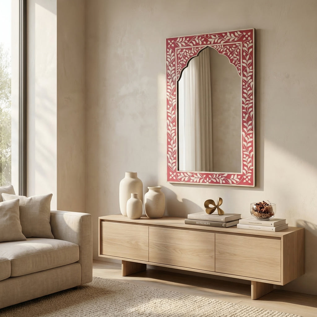 Pink Floral Inlay Mirror | 30x18x1.5 Inches