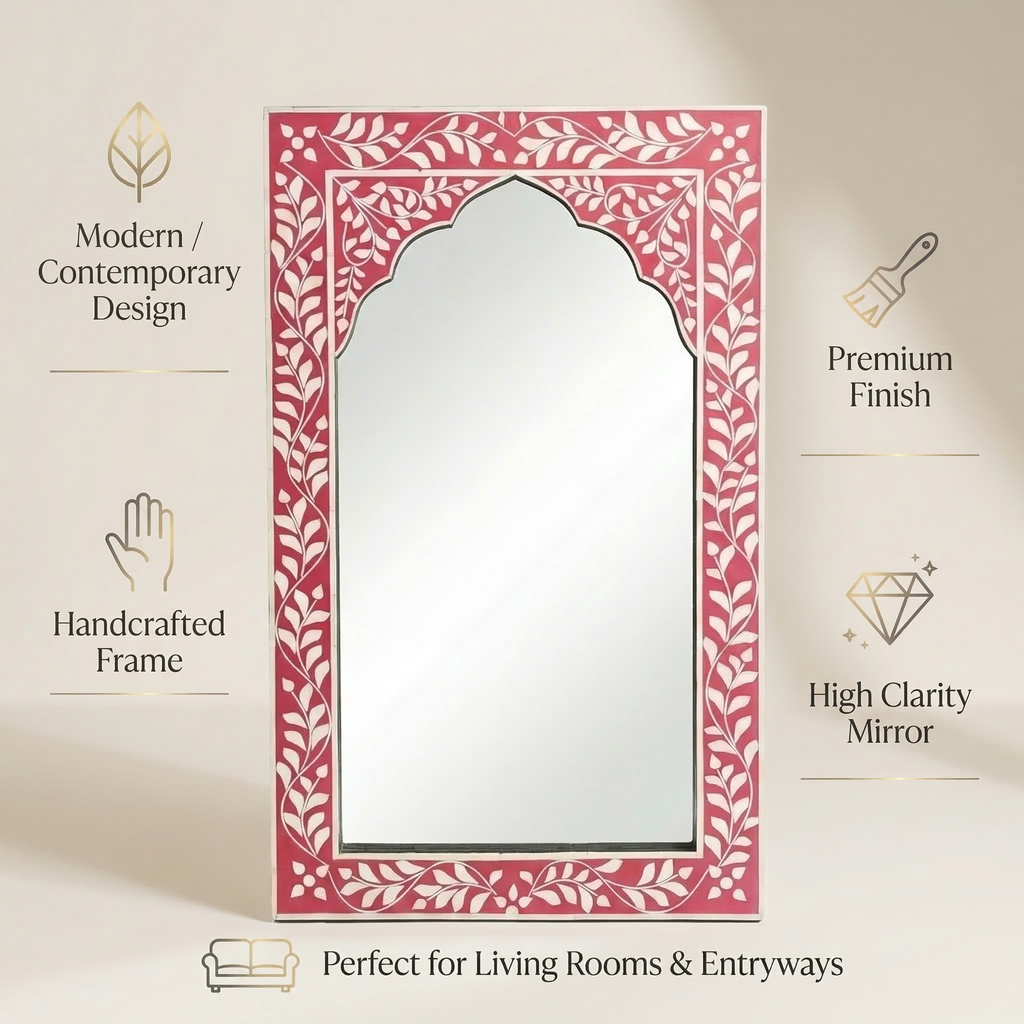 Pink Floral Inlay Mirror | 30x18x1.5 Inches