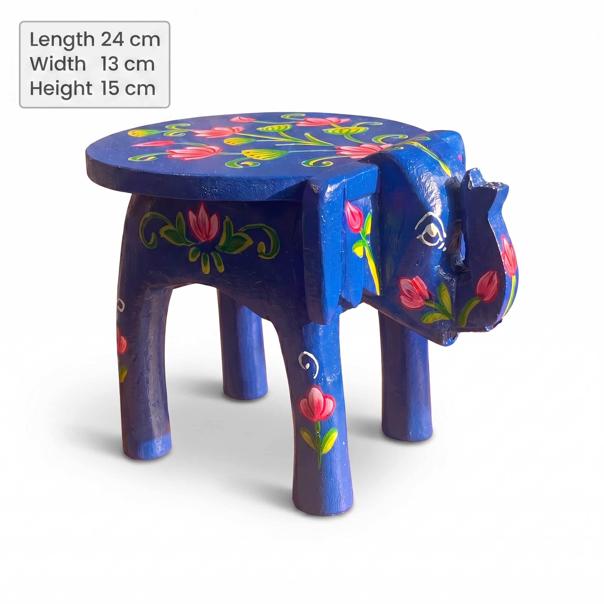 Wooden Elephant Stool | Lotus Blue | 24x15x13 cm