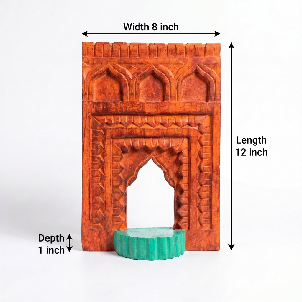 Jharokha Wall Frame | Orange-Red with Green Shelf | 12x8x1 Inch