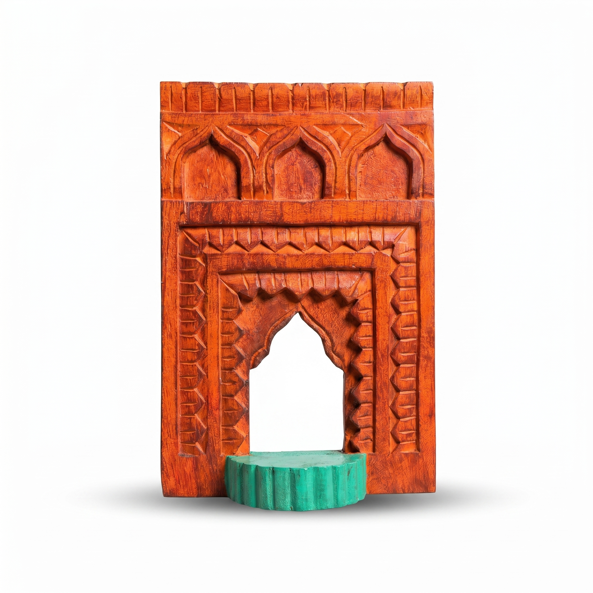 Jharokha Wall Frame | Orange-Red with Green Shelf | 12x8x1 Inch