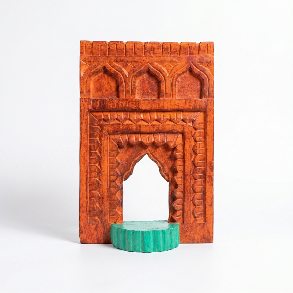 Jharokha Wall Frame | Orange-Red with Green Shelf | 12x8x1 Inch