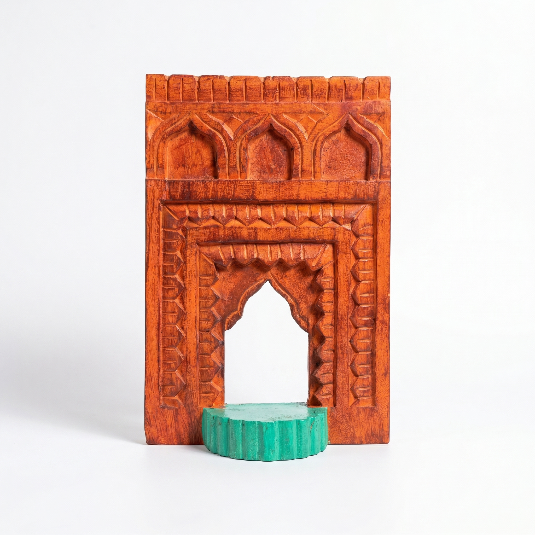 Jharokha Wall Frame | Orange-Red with Green Shelf | 12x8x1 Inch