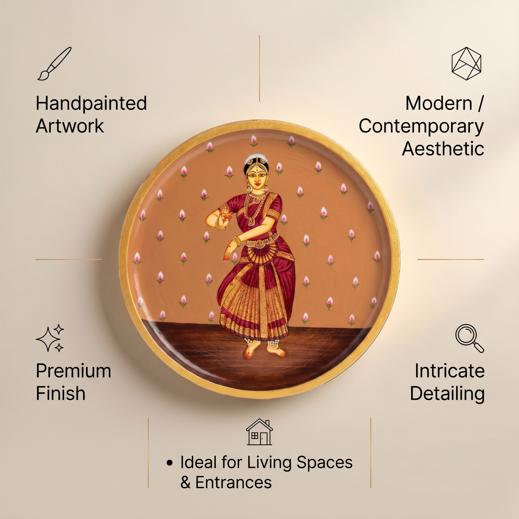 Handpainted Wooden Wall Plate | Dancing Lady | Brown | 10 Inches