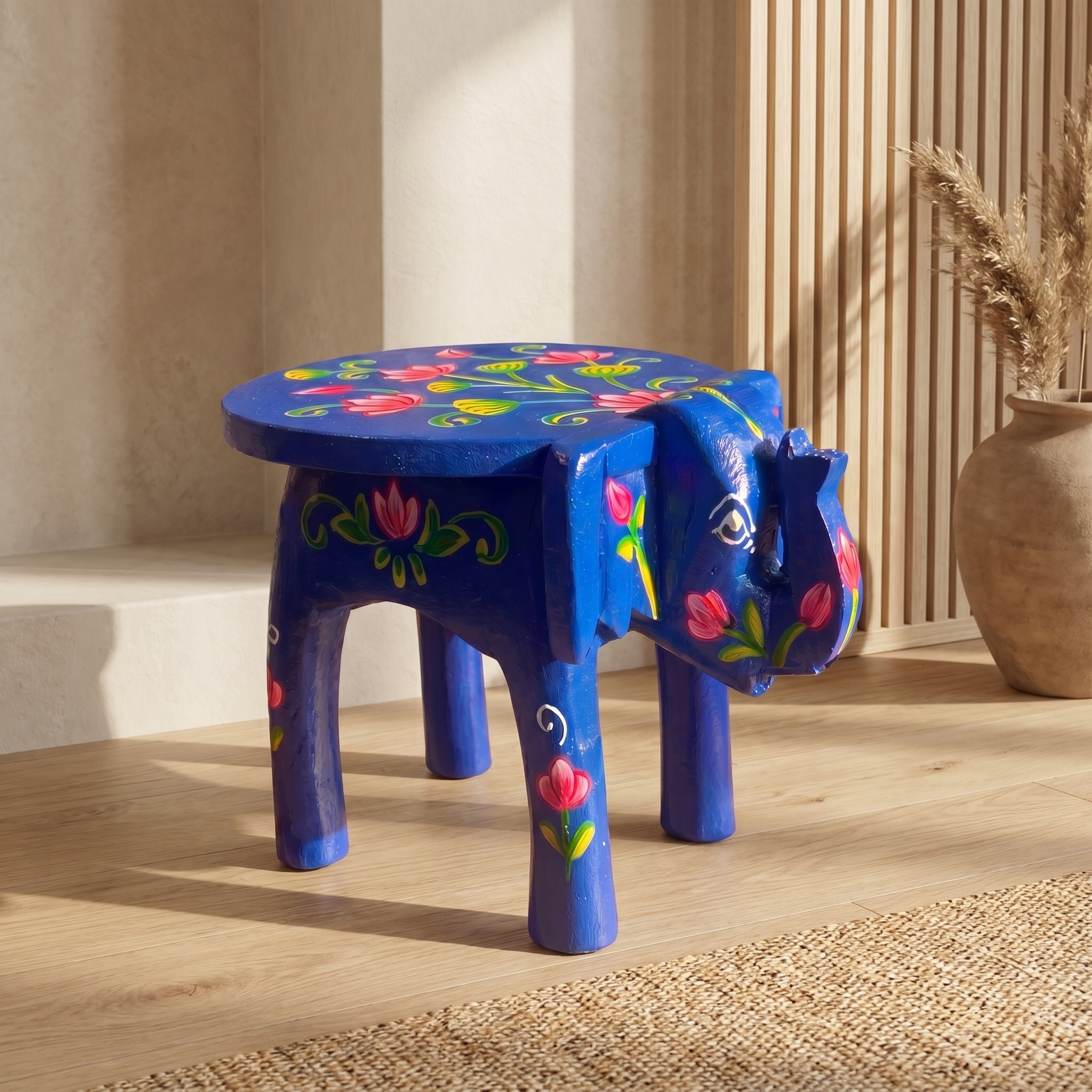 Wooden Elephant Stool | Lotus Blue | 24x15x13 cm