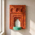 Jharokha Wall Frame | Orange-Red with Green Shelf | 12x8x1 Inch