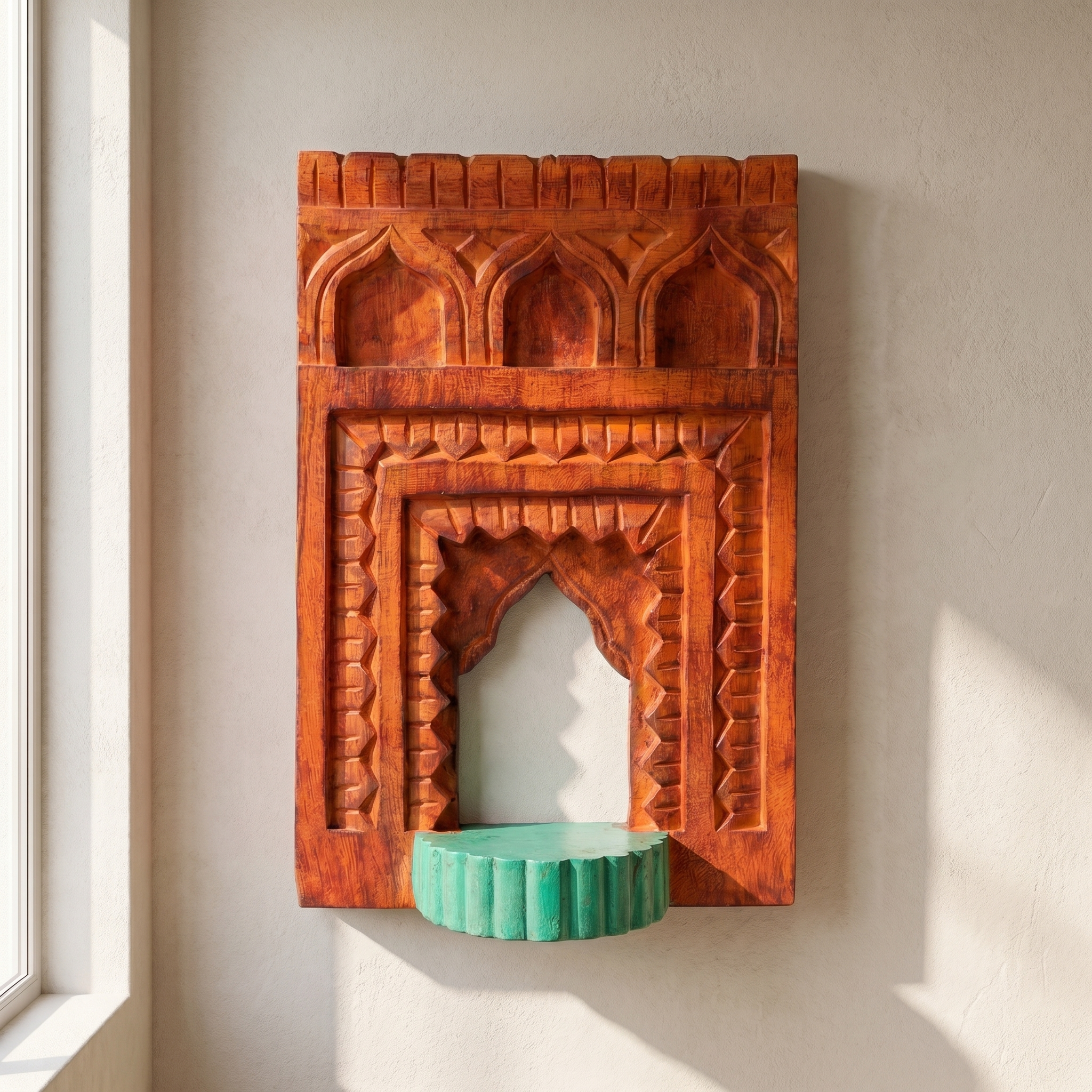 Jharokha Wall Frame | Orange-Red with Green Shelf | 12x8x1 Inch