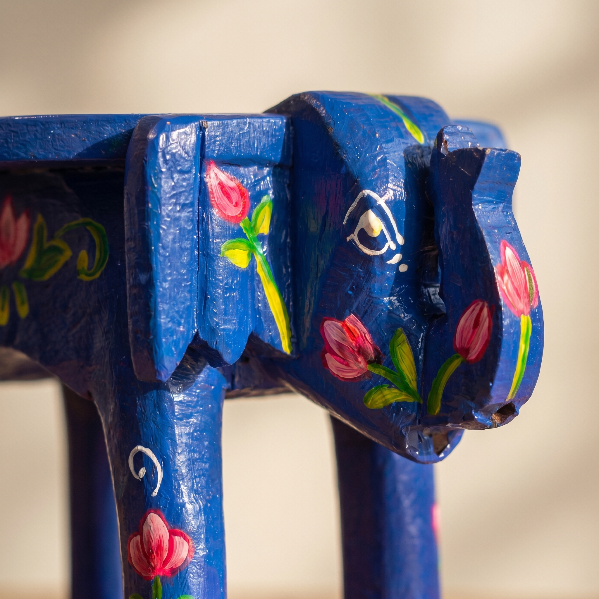 Wooden Elephant Stool | Lotus Blue | 24x15x13 cm